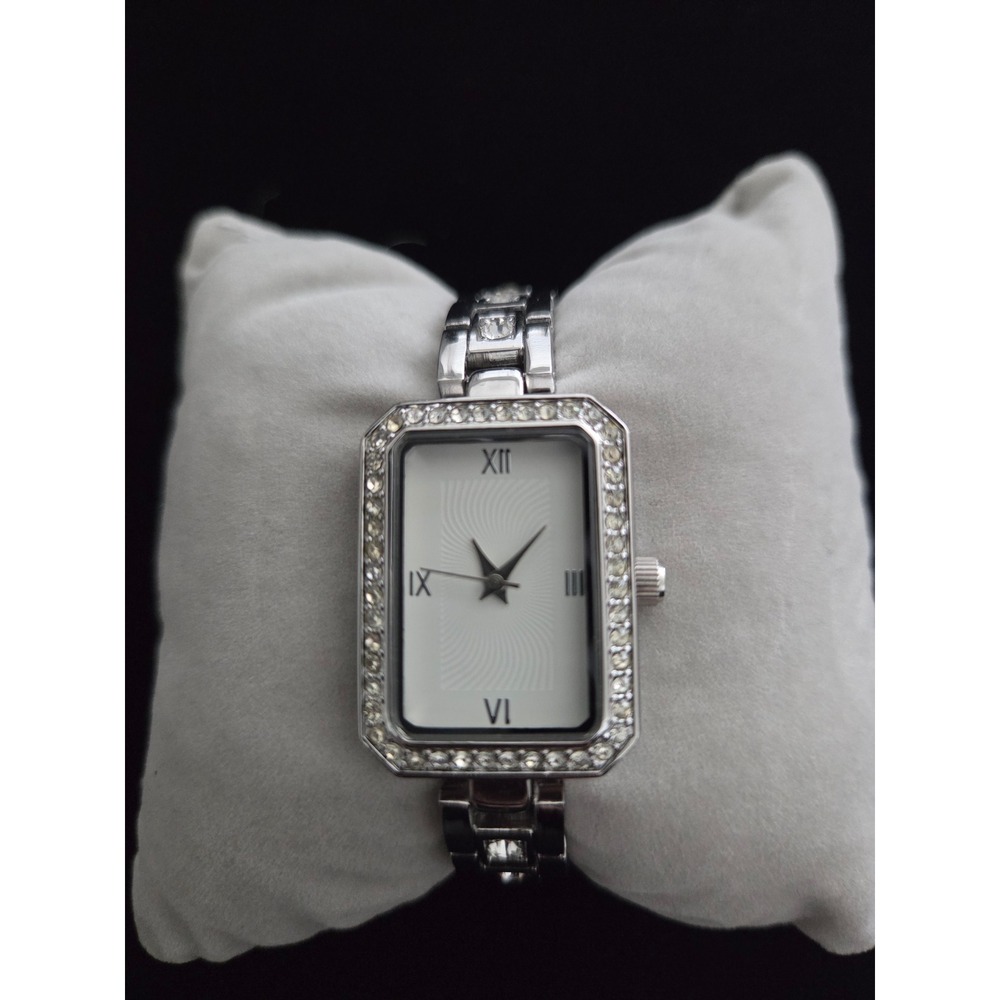 VTG BWC Silver Tone CZ Bezel Rectangular Face Link Bracelet Watch